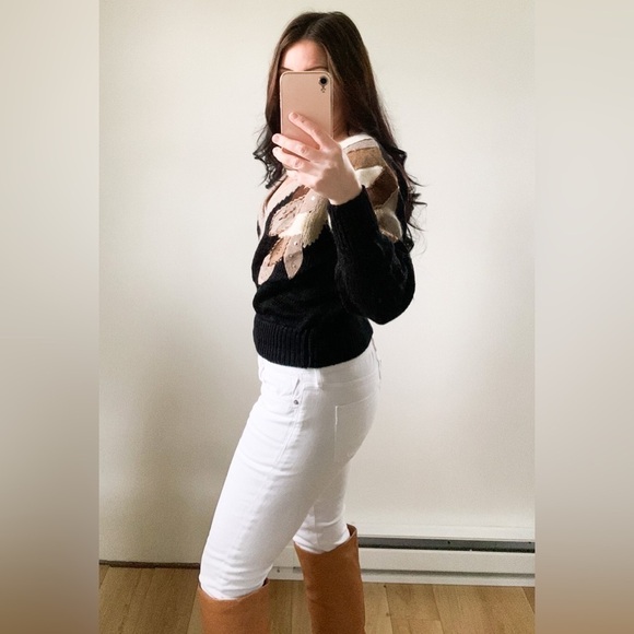 Vintage 80s 90s Black Tan Leaf Sequin Embroidered Crossover Sweater Medium - Picture 11 of 11